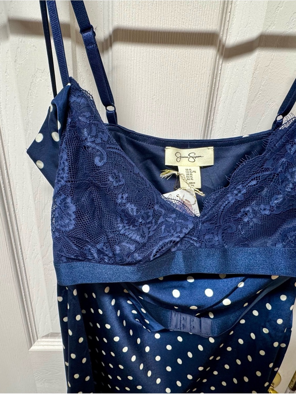NWT Jessica Simpson Navy Polka Dot Lace Cowl Neck Maxi Dress XL - Picture 11 of 14